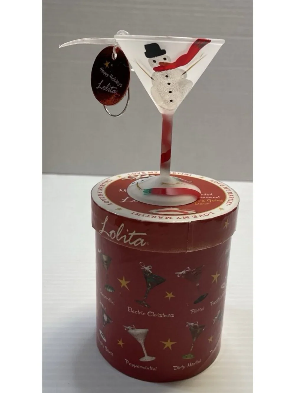 Lolita Frosty's Going Down Hand Painted Mini-Tini Martini Glass Ornament Box NEW